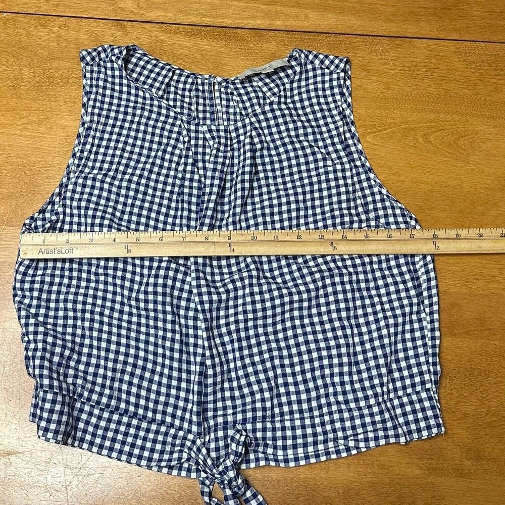 LOFT Gingham Cropped Blouse Tie Front Blue White Plaid Western Festival Sz L - Picture 7 of 8